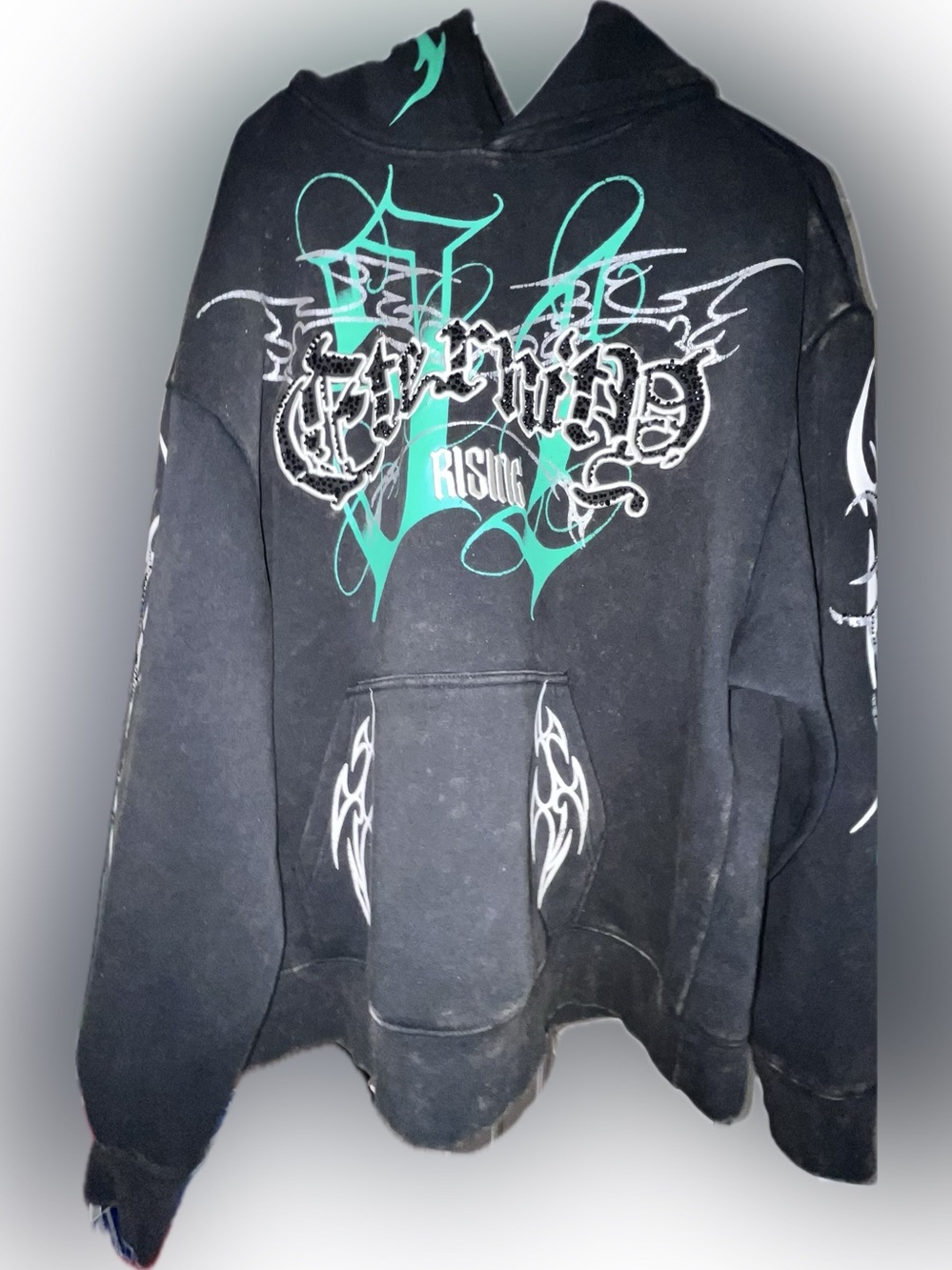 Neiman Marcus smoke rising Black embroidered hoodie Teal White Tribal distressed